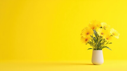 Yellow flowers in a vase against a bright yellow background