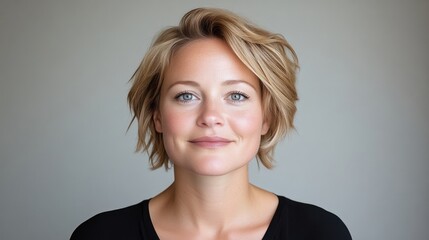 Smiling woman with short blonde hair