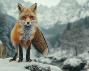 Obraz premium A shot of a fox standing alert in a snowy landscape, Wildlife, Keen and beautiful