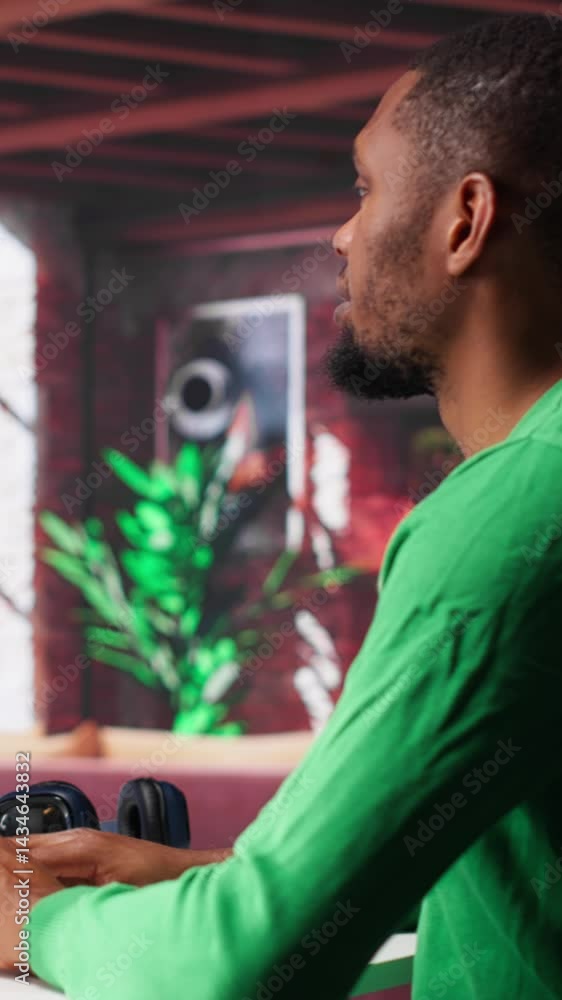 Poster vertical video african american it expert using ai technology to generate realistic images from text