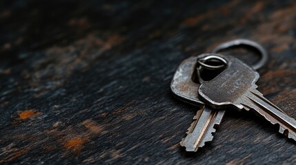 Two rusty keys on a dark wooden surface