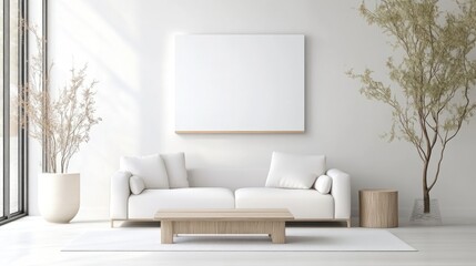 Minimalist living room with natural elements.  A serene space featuring a white sofa, wooden coffee table, and large blank canvas.  Plants and natural light complete the aesthetic