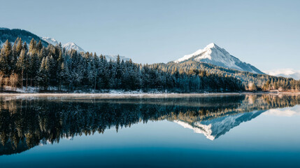 Majestic mountain landscape mirrored in a serene lake, bordered by evergreen trees and snow, showcasing natural beauty