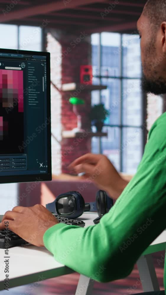 Poster vertical video african american it expert using ai technology to generate realistic images from text
