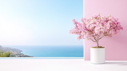 Pink Blossom Tree in Pot Minimalist Modern Style High Resolution Bright Lighting Wide Angle View Coastal Scene Serenity Ocean View Pastel Pink Tones Ideal for Spring Decor