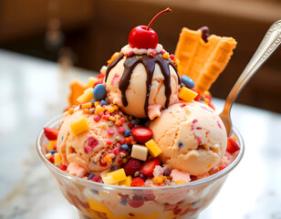 A strawberry, chocolate, and mango ice cream sundae topped with waffle sticks, candy, fruit, and cherries. bowl of ice cream with a spoon.