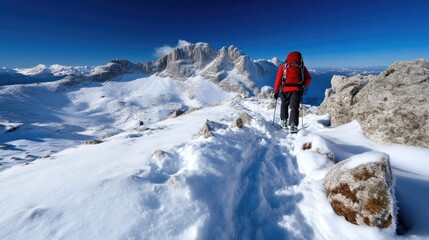 Winter mountaineering trek.  A person in red gear ascends a snowy mountain path