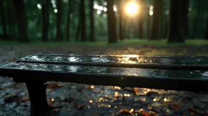 Park bench in a wet forest at sunrise