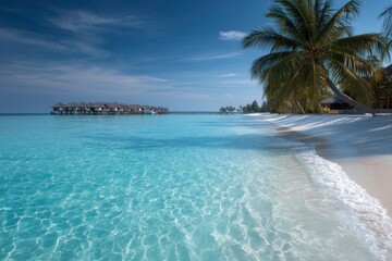 Naklejka premium Tropical Island Getaway with Azure Sea and Overwater Bungalows Relaxation