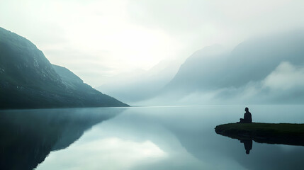Meditative Serenity Person Silhouette Reflecting on Misty Lake Mountains Peaceful Scenery Tranquil Solitude Outdoors Mindfulness Scenic Nature