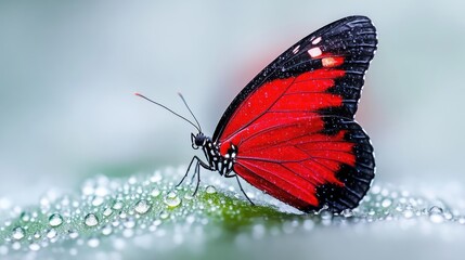 Vibrant red butterfly resting on a dewy leaf