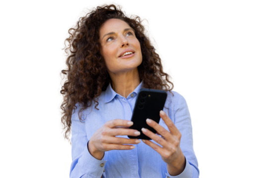 Professional woman gripping smartphone, glancing upward against transparent backdrop