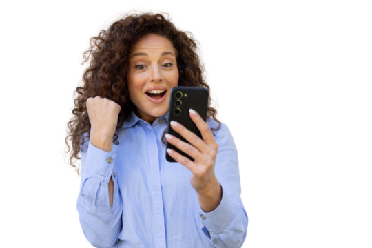 Professional female entrepreneur smiling, cheering success while checking mobile phone against clean transparent backdrop