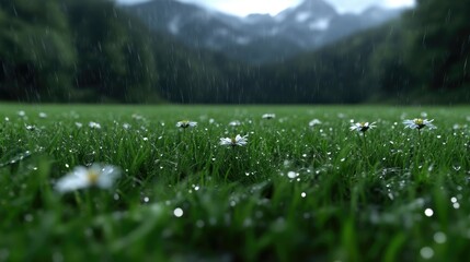 Rainy meadow,  daisies,  mountains
