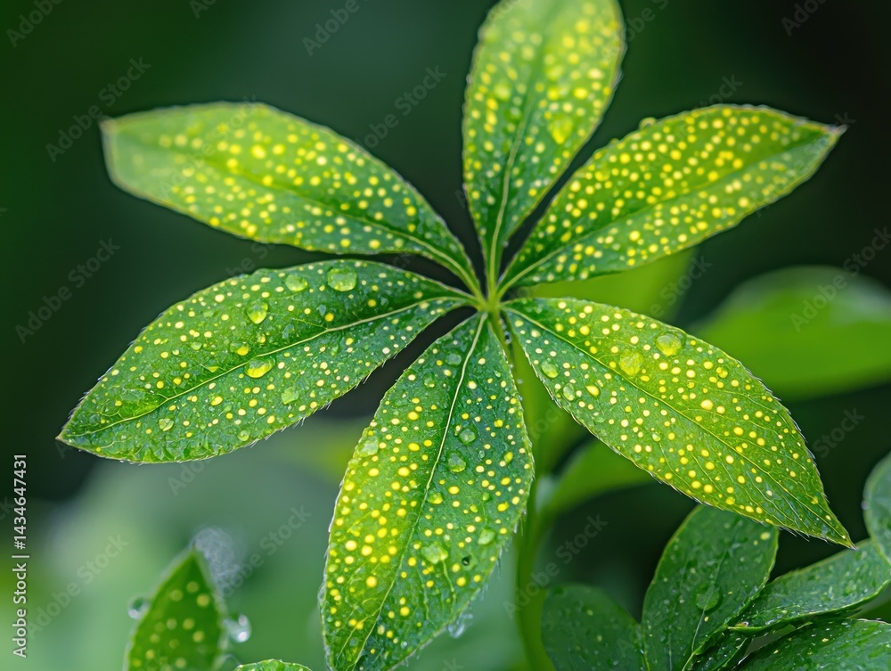 Poster close-up of a vibrant green leaf with water droplets, showcasing intricate details and texture. the 