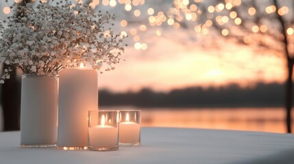 Elegant outdoor table setting at sunset with candles and flowers