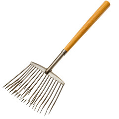 A close-up of a metal garden rake with a wooden handle, isolated on a white background, suitable for gardening or landscaping use