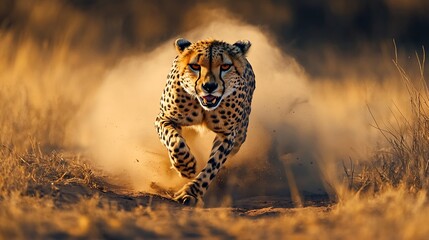 Powerful African cheetah mid sprint across the dry savanna dust swirling in its wake cinematic wildlife action shot