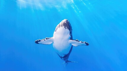 Majestic whale swimming underwater. Sunlight beams through the water