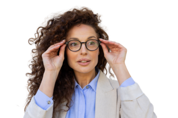 Professional businesswoman adjusting eyeglasses, showcasing confidence and precision against transparent backdrop