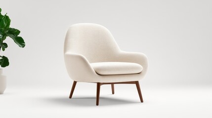 Cream-colored armchair in a minimalist setting.  A comfortable, modern chair with a soft, textured upholstery, displayed against a bright backdrop