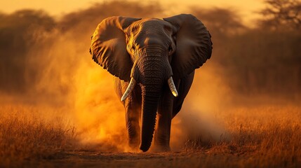 Obraz premium Powerful African elephant standing in the golden savanna at sunset massive tusks gleaming textured skin details dramatic lighting dust rising around its feet ultra HD wildlife photography style