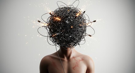 Overwhelmed: tangled wire ball sparks over a person's head.