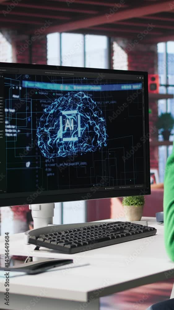 Poster vertical video african american it expert doing maintenance on artificial intelligence neural networ