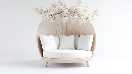 Wooden, round, modern, cozy seating area with white cushions and cherry blossoms