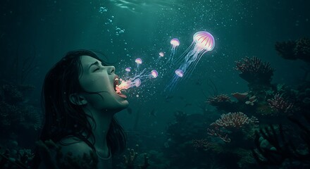Underwater dream: Woman exhales jellyfish in a surreal scene.