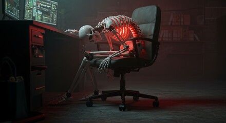 Skeleton slumped over at desk, back pain, working too hard.
