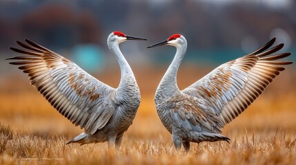 Fototapeta premium A pair of majestic cranes perform an intricate courtship dance, showcasing their elegant wings and vibrant plumage in a serene grassland at dawn.