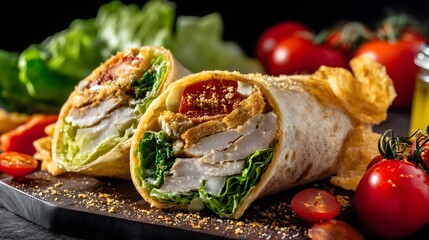 Chicken Wrap with Fresh Vegetables: A mouthwatering chicken wrap with fresh lettuce, tomatoes, and a crispy chicken filling, all wrapped in a soft tortilla.
