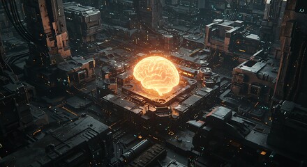 Glowing Brain in futuristic cityscape.