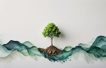 A small, vibrant green tree stands resiliently on a patch of earth nestled within stylized teal watercolor mountains.  The scene evokes growth, strength, and environmental harmony.