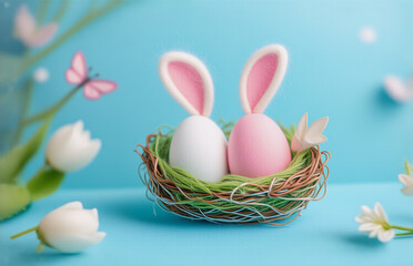 Easter nest featuring two eggs with rabbit ears, flowers, and butterflies against a pastel blue background, hinting at spring.
