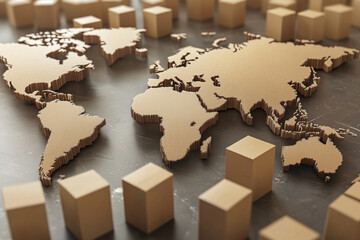 Global Shipping Network's 3D world map features cardboard boxes, logistics, and delivery worldwide.