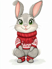 Adorable Cartoon Bunny in Cozy Winter Sweater: Whimsical Illustration for Children's Art, Greeting Cards, and Collectibles