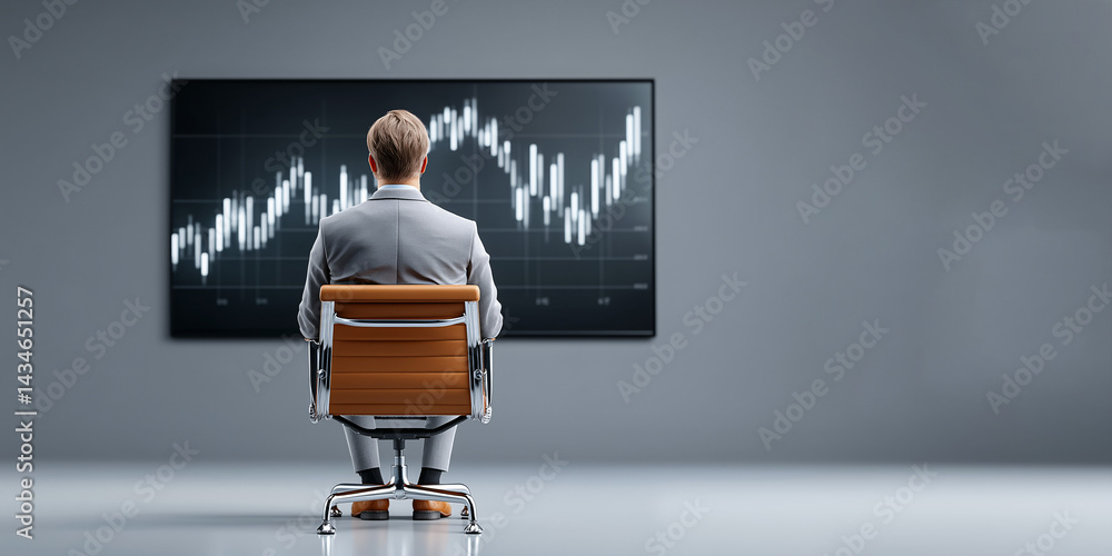 Poster a man is observing the financial market data and the chart is displaying stock trends on a large scr