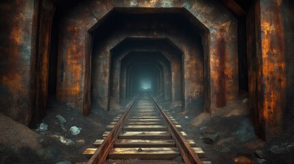 Fototapeta premium Abandoned Railway Tunnel with Rusty Tracks and Atmospheric Lighting