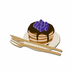 Stack of Pancakes Topped with Blueberries and Chocolate Syrup