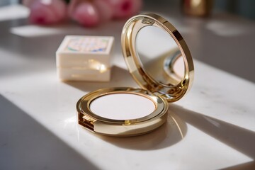 Elegant gold compact powder case with an open mirror, featuring natural sunlight and subtle pink floral accents, highlighting luxury and beauty in a bright setting.