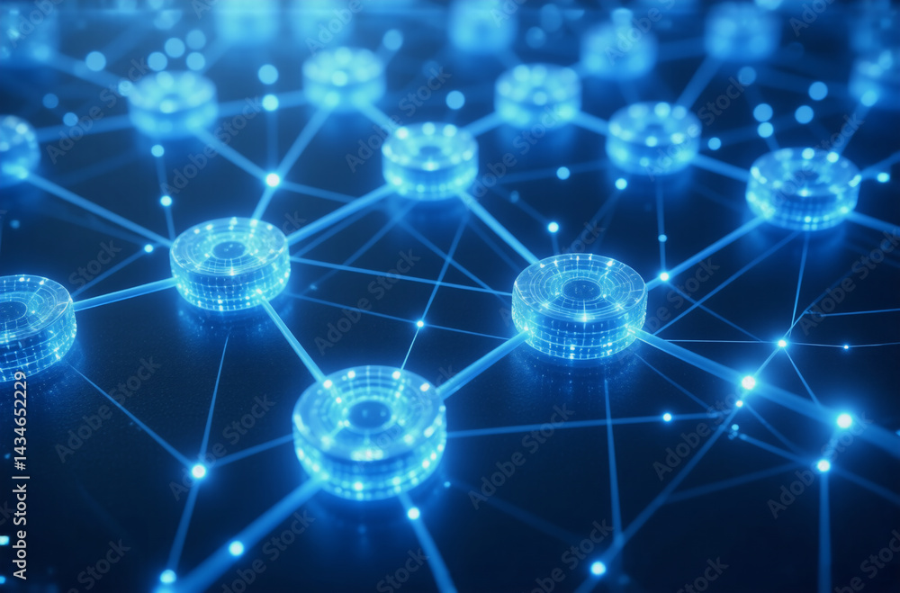 Poster abstract digital network. blue glowing nodes interconnected by lines, forming a futuristic web on a 