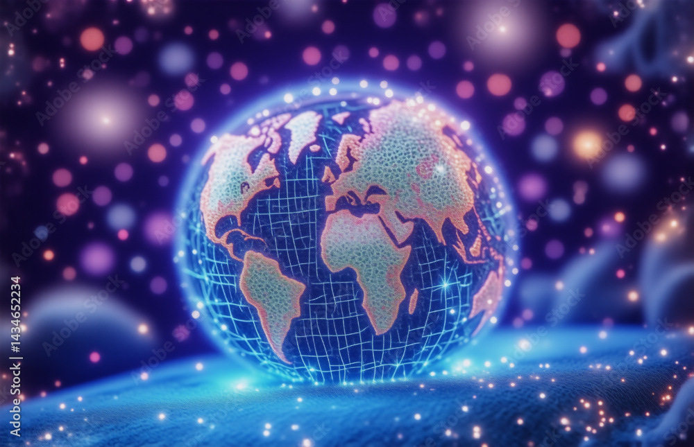 Poster this image hints at interconnectedness. a glowing globe, wrapped in a net of light, floats in a cosm