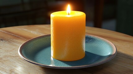 Yellow candle on teal plate, wooden table, warm light