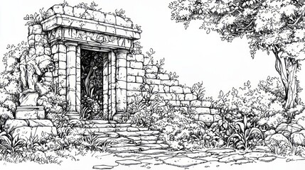 Ancient Ruins with Lush Vegetation Coloring Page for Relaxation