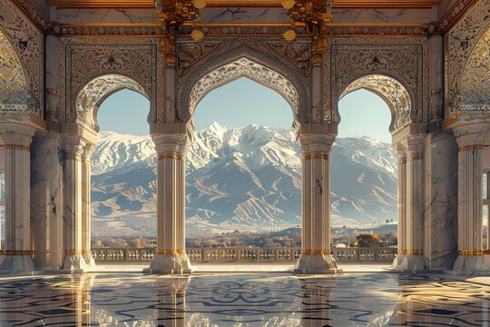 A grand royal palace built from smooth marble, with intricate frescoes on the ceiling, and large arched windows with views of distant snow-capped mountains 