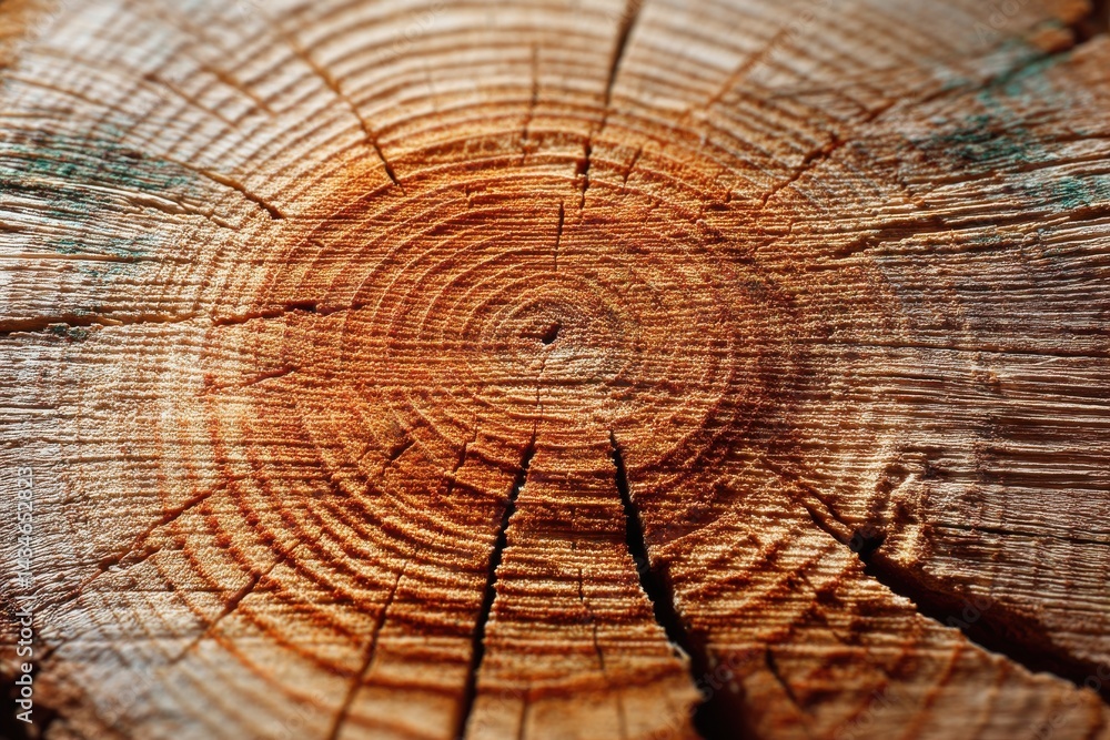 Poster a close-up of a tree trunk with circular rings showing the growth pattern, providing insight into na