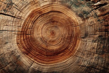 Fototapeta premium Close-up of a tree trunk showing the growth rings, a symbol of age and history, with natural textures and earthy tones, highlighting the beauty of wood.