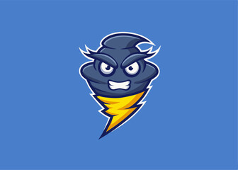 Naklejka premium Angry Storm Mascot: A fierce cartoon mascot design, featuring a dark-grey cloud with lightning bolt shaped like a tornado, angry expression, sharp edges and yellow lightning bolt.
